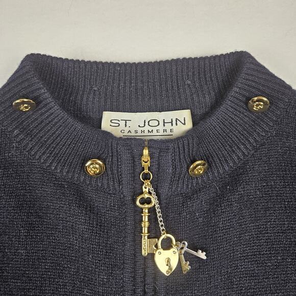 VTG St John Women Cashmere Cardigan Sweater Fox Fur Trim Hood Zip Jacket M Black - Picture 8 of 16